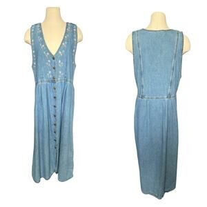 Jane Ashley vintage embroidered floral denim dress‎ button up size M cottagecore
